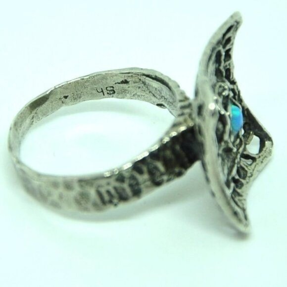 Artisan Sterling Silver Blue Opal Flower Ring – Hand Hammered, Size 7.5 - Picture 12 of 15